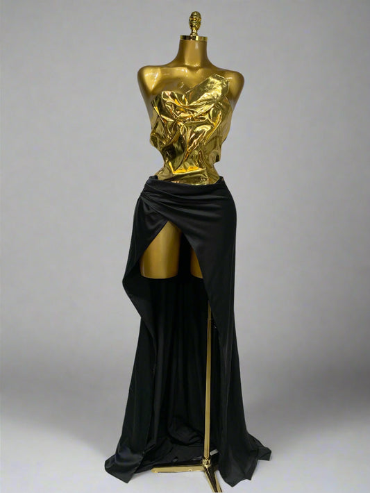 Gold Metallic Laced-up Top Long Dress