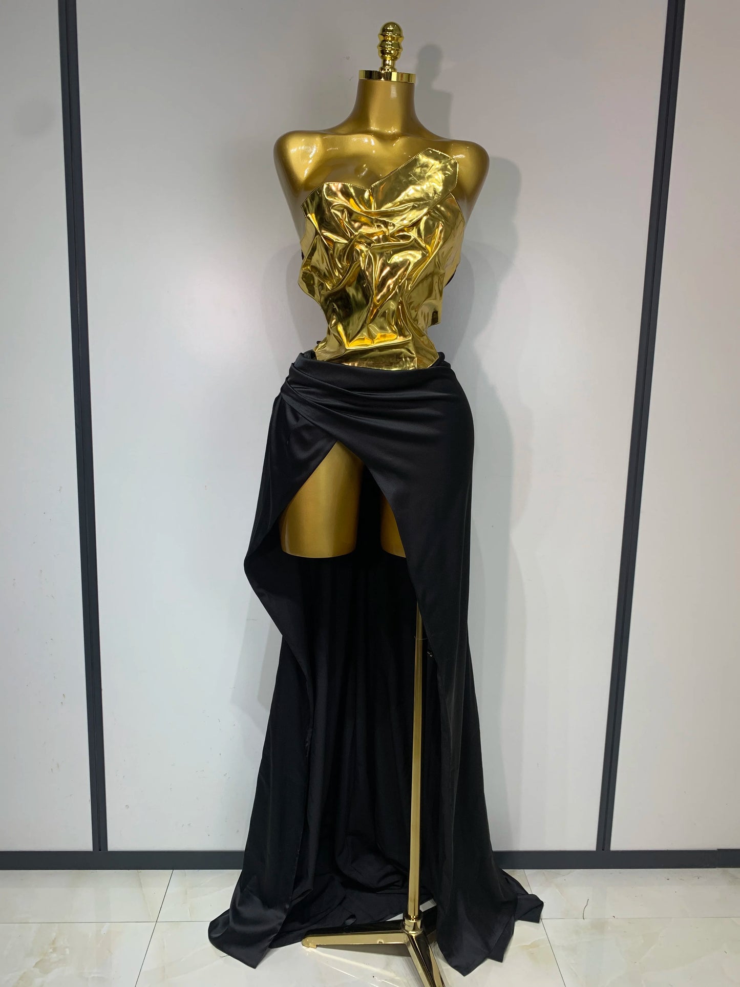 Gold Metallic Laced-up Top Long Dress