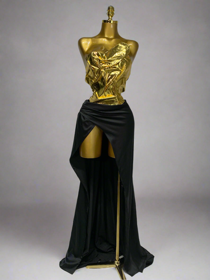 Gold Metallic Laced-up Top Long Dress
