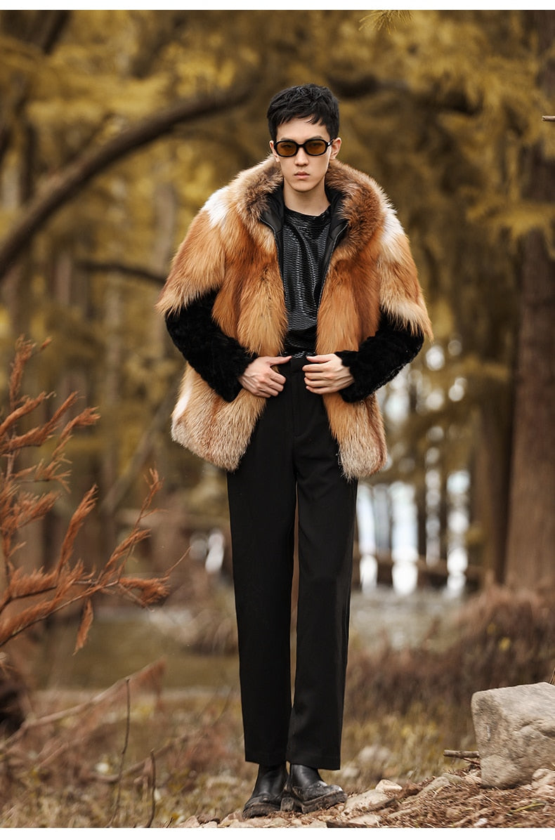 Real Fox Fur Hooded Coats Black Real Mink Fur Sleeves