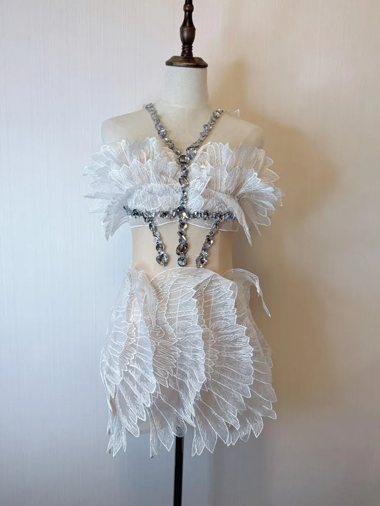 Crystal Wing Feather Mesh Crystal Mini Dresses