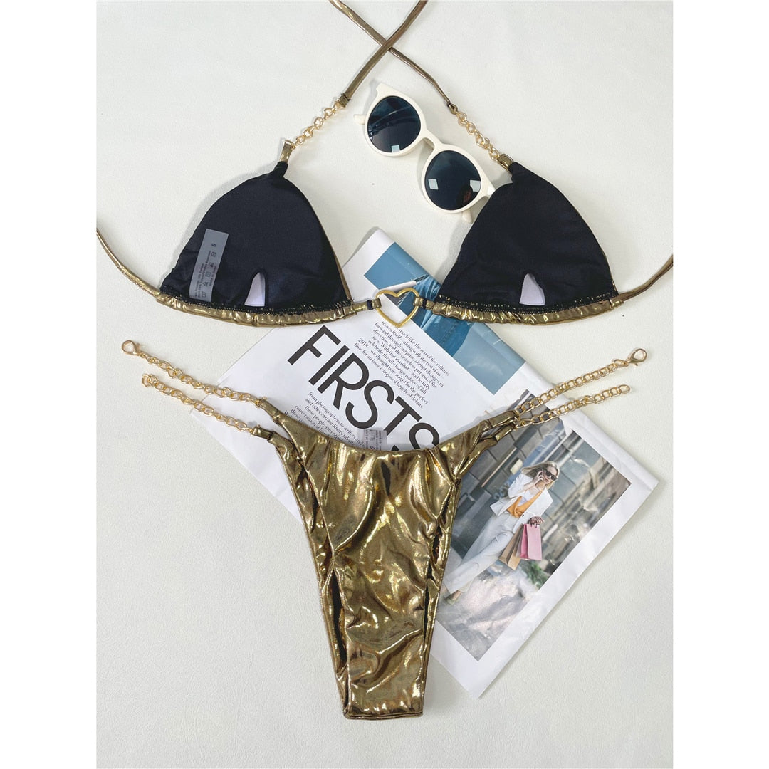 PU Faux Leather Metal Heart Bikini Sets
