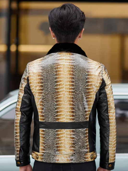 Genuine Leather Snake Pattern Real Mink Fur Coat