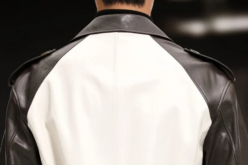 Genuine Leather Two Tone Double Breasted Trench Coat