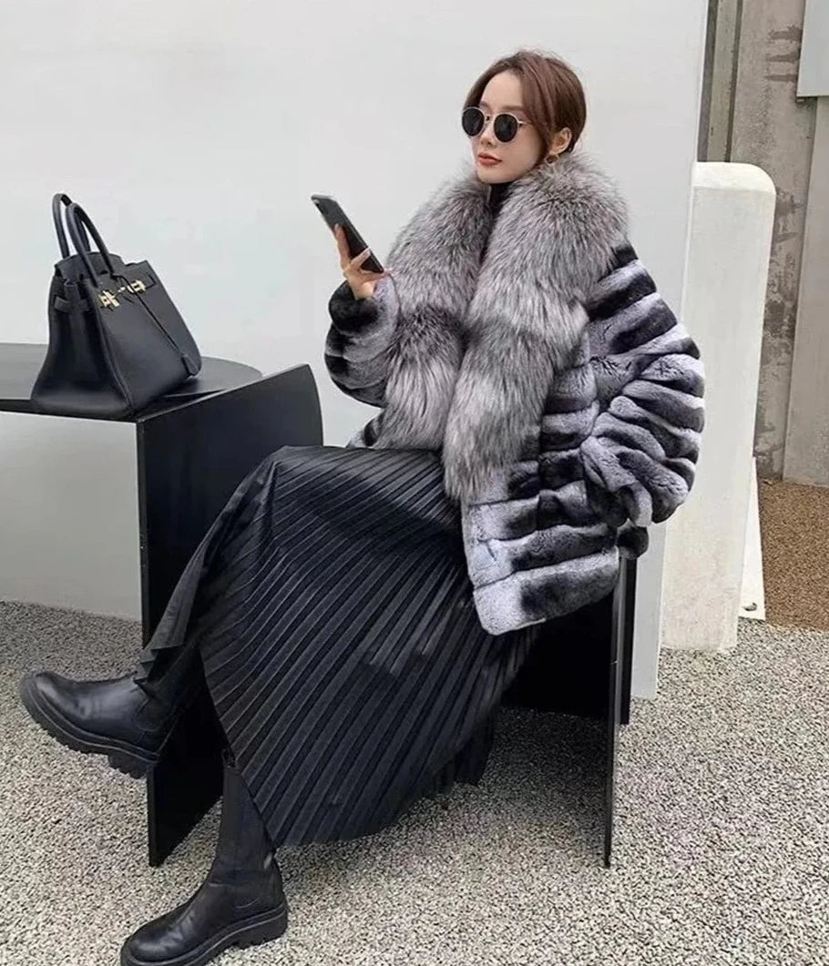 Chinchilla Style Real Rabbit Fur Coat Huge Fur Collar