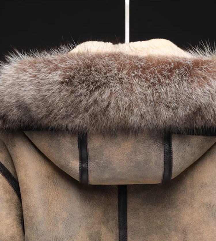 Genuine Leather Hooded Wool Lining Real Fur Coat