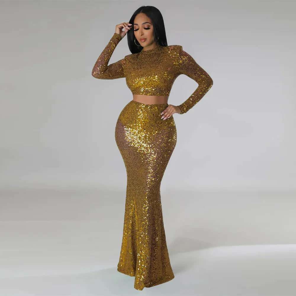 Sequins O-neck Crop Top & Maxi Skirt Sets