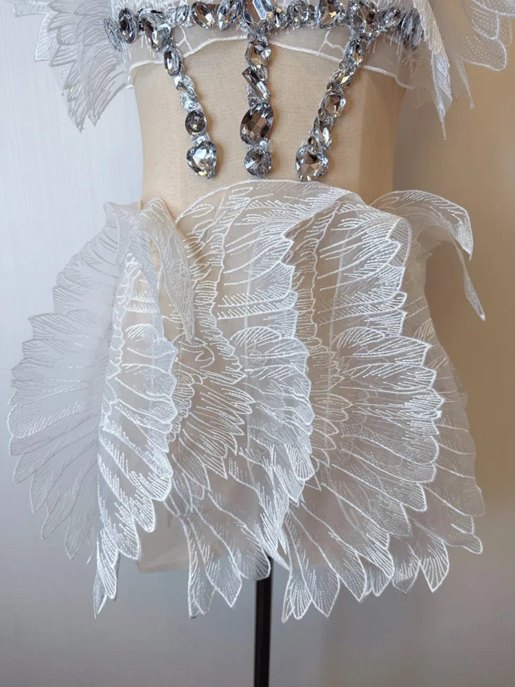 Crystal Wing Feather Mesh Crystal Mini Dresses