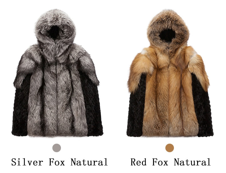 Real Fox Fur Hooded Coats Black Real Mink Fur Sleeves