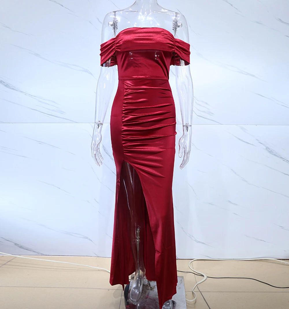 Satin Off Shoulder Split Long Dresses