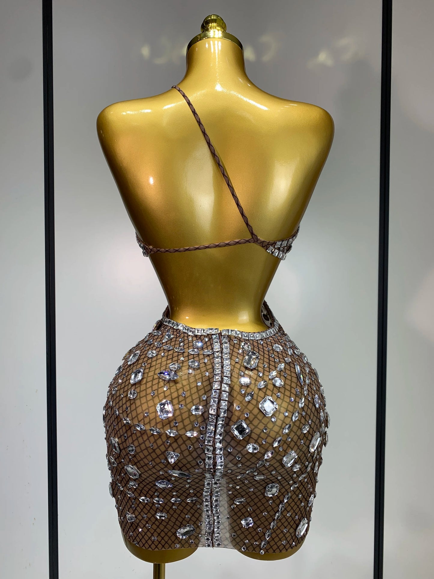Rhinestone Hollow Backless Mesh Mini Dresses