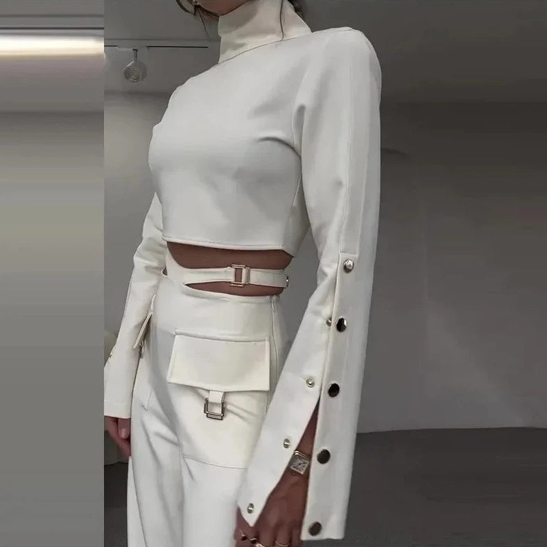 Button Long Sleeve Crop & X-Wide Leg Pant Sets