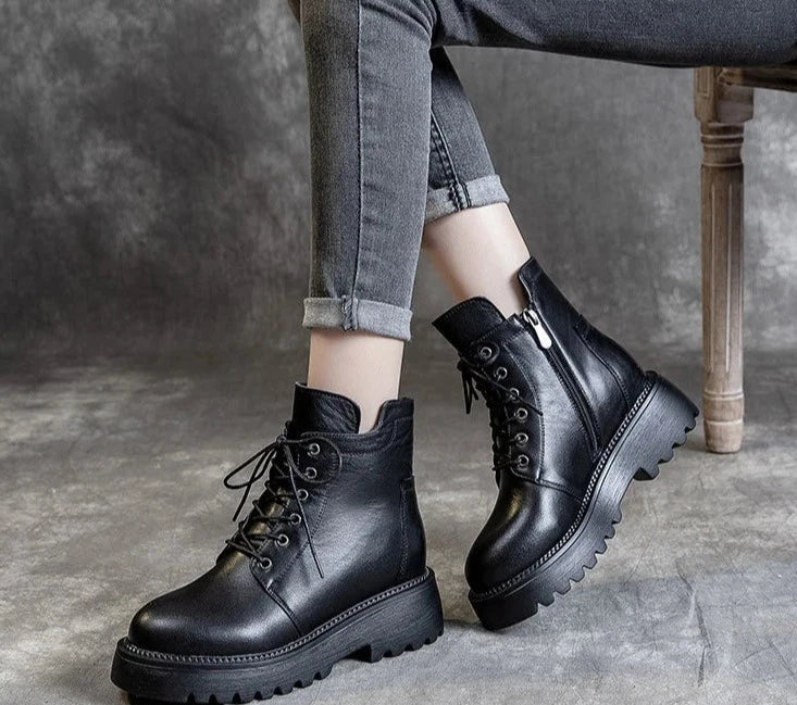 Black Platform Genuine Leather Ankle Boots