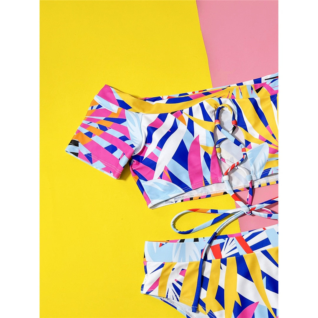 Printed Short Sleeve High Waist Bikini