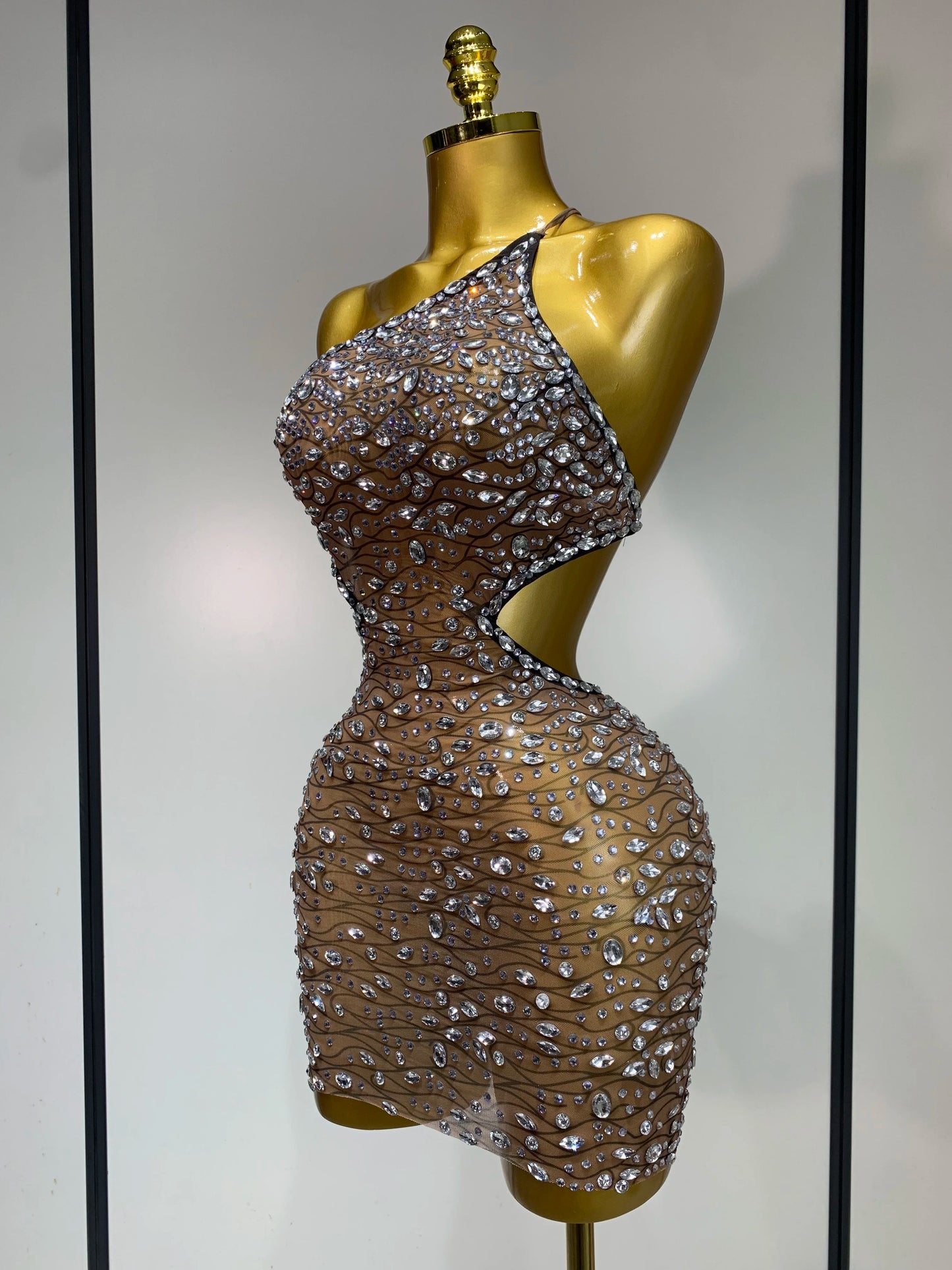 Rhinestone Hollow Backless Mesh Mini Dresses