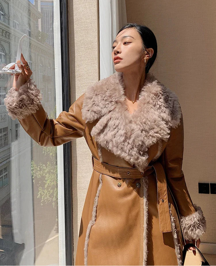 Genuine Leather Long Coats Curly Real Wool Fur