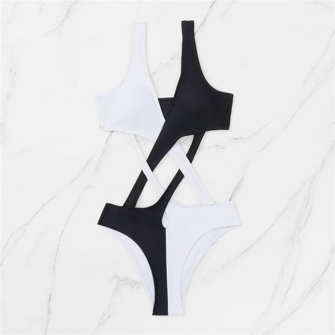 White Black Hollow High Cut Monokini