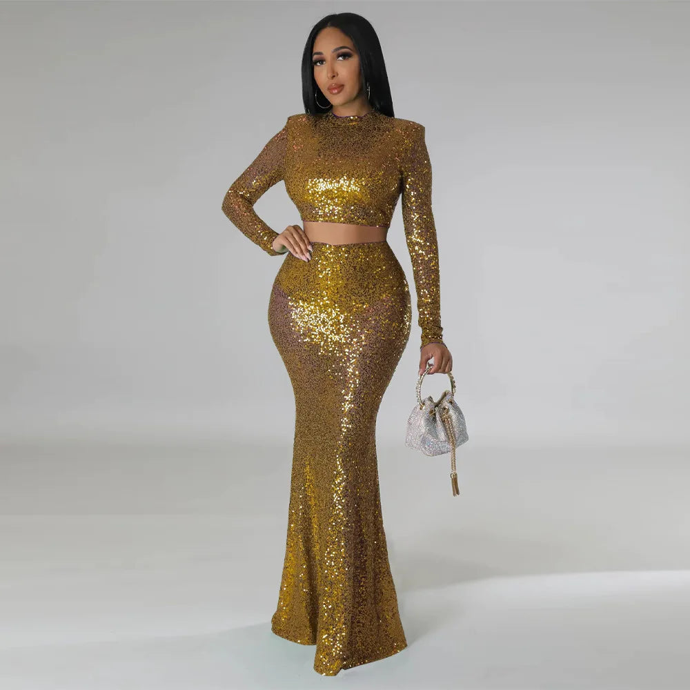 Sequins O-neck Crop Top & Maxi Skirt Sets