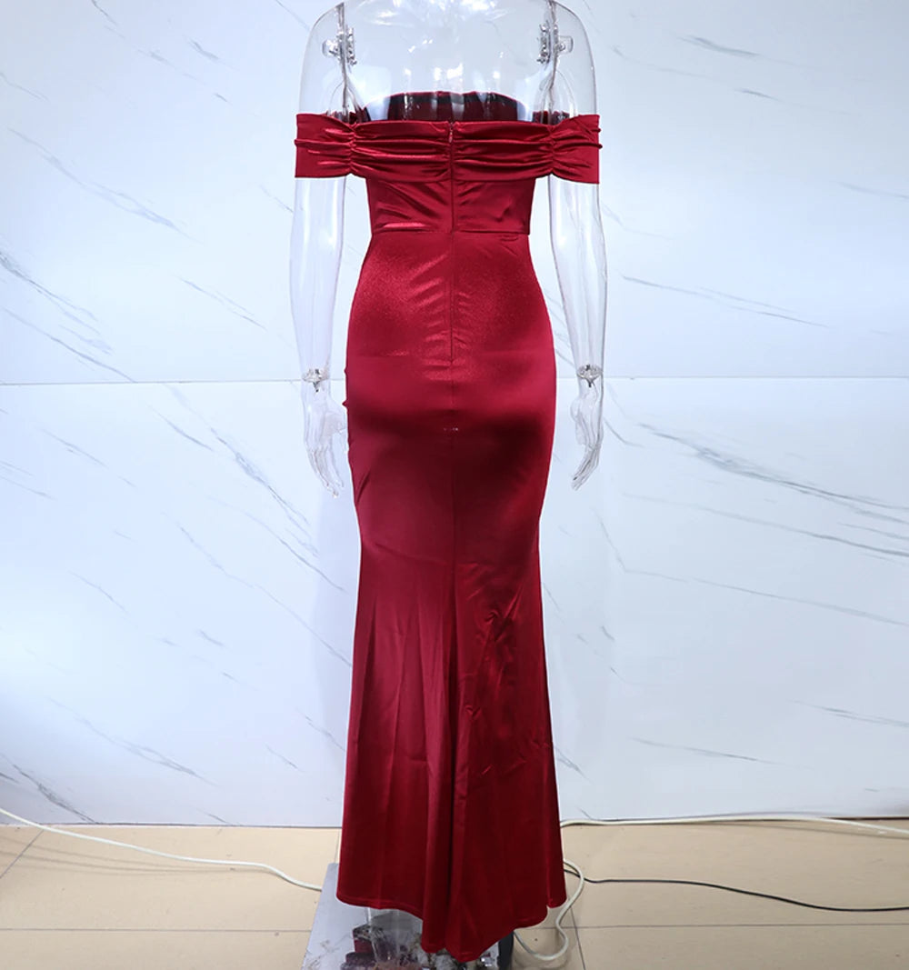 Satin Off Shoulder Split Long Dresses