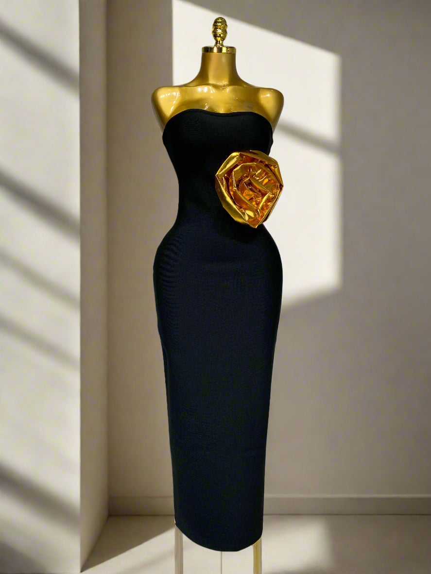 Strapless Gold 3D Flower Long Dress