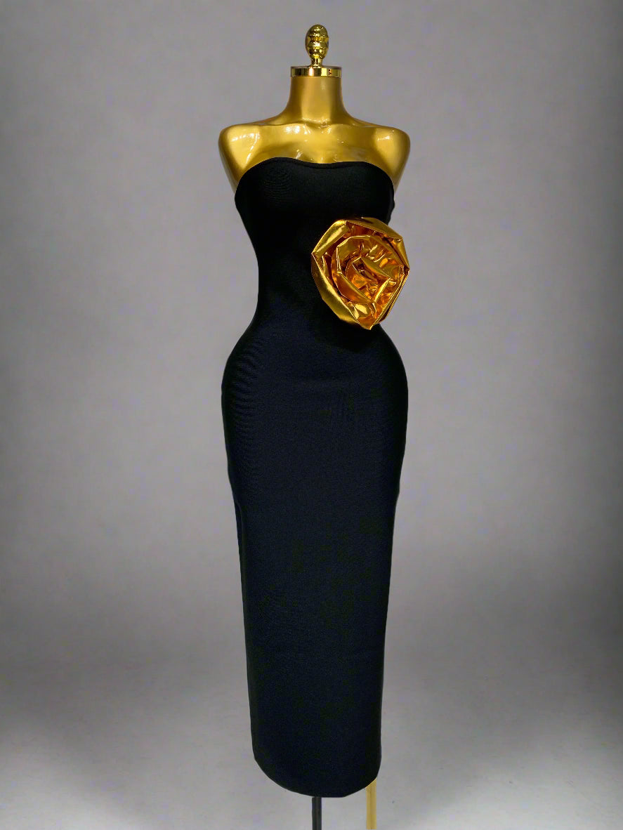 Strapless Gold 3D Flower Long Dress