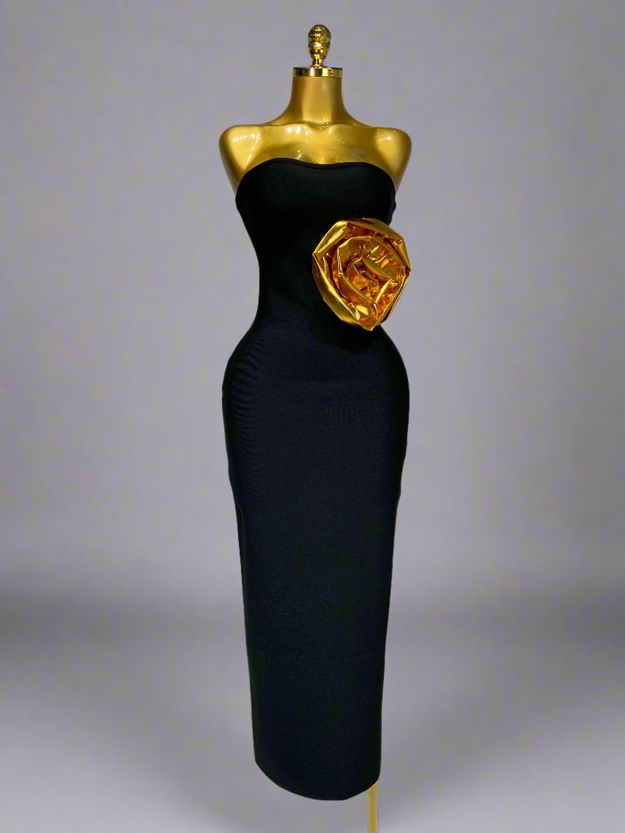 Strapless Gold 3D Flower Long Dress