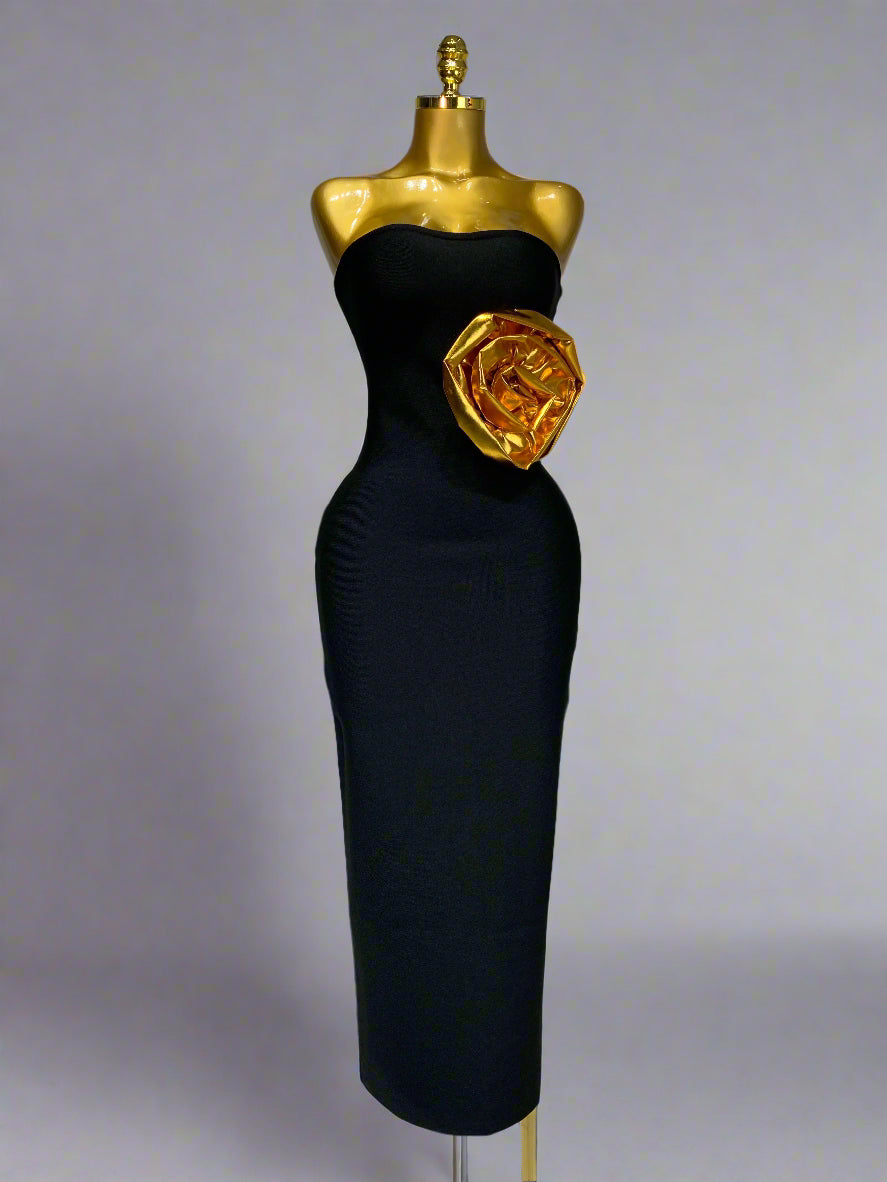 Strapless Gold 3D Flower Long Dress