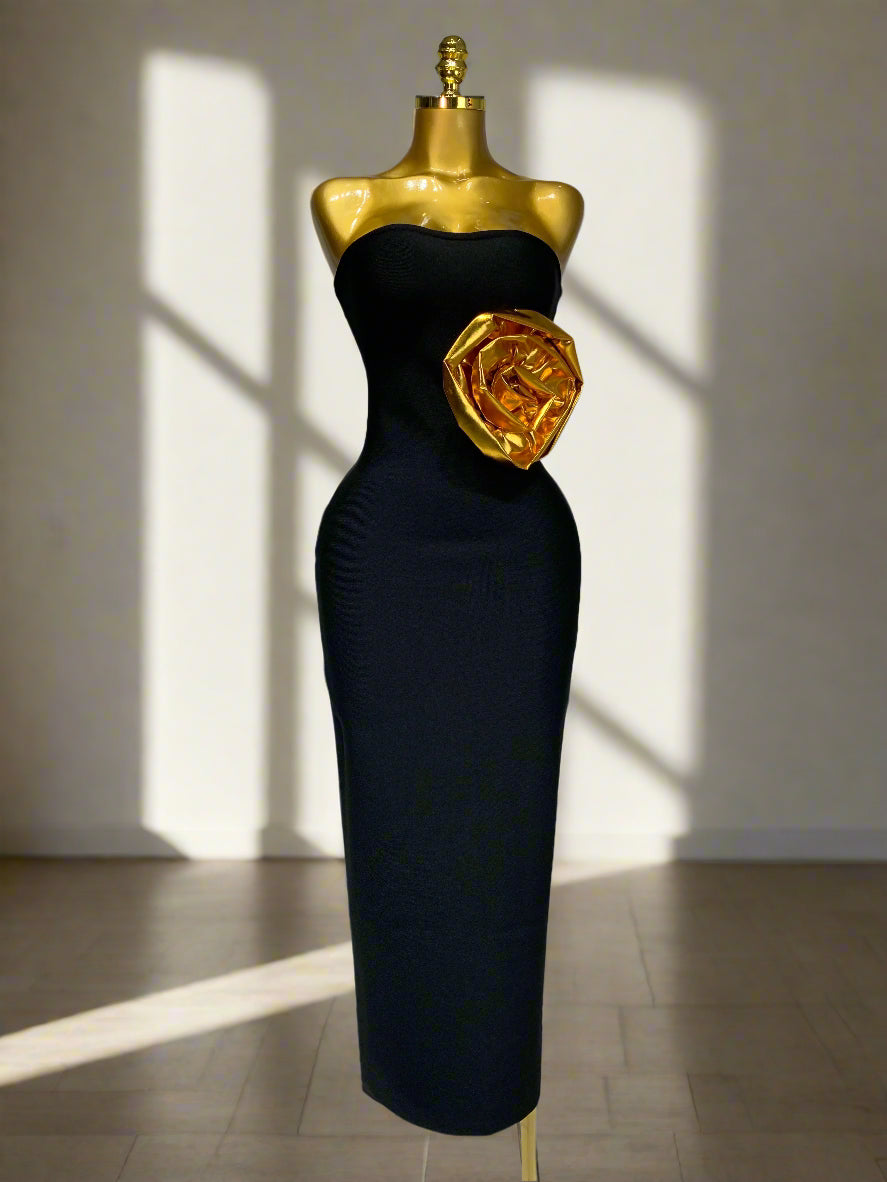 Strapless Gold 3D Flower Long Dress
