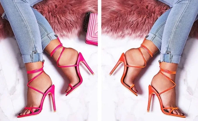 PU Leather Ankle Tie High Heels