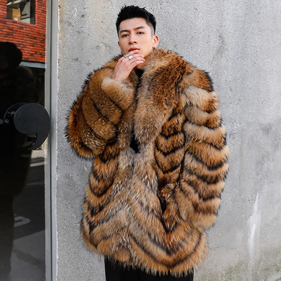 Genuine Real Fur Coat Big Turn-Down Collar Long