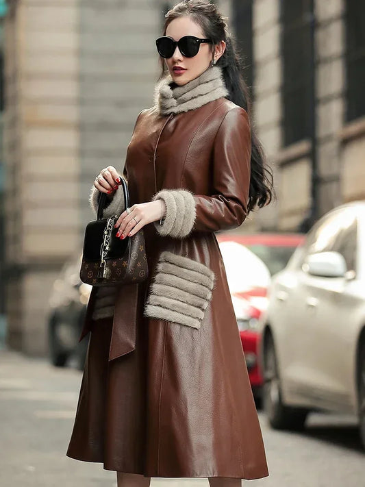 Genuine Leather Long Down Coats Real Mink Fur