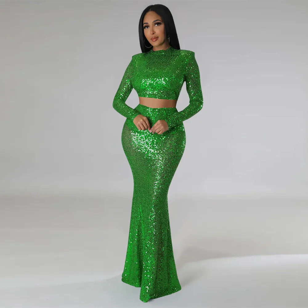 Sequins O-neck Crop Top & Maxi Skirt Sets