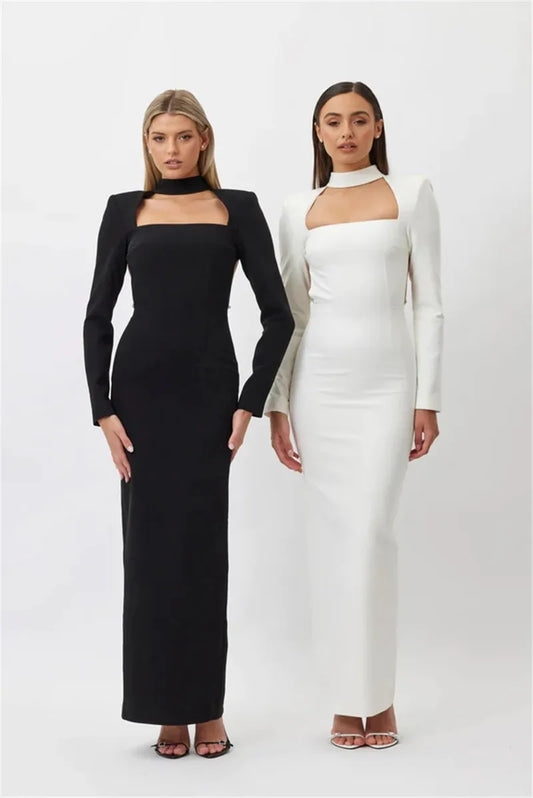 Sparkle Strap Backless Long Sleeve Maxi Dresses