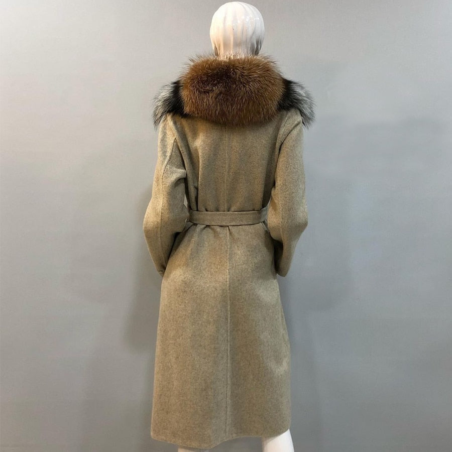 Cashmere Wool Coats Multi Real Fur Long Collar