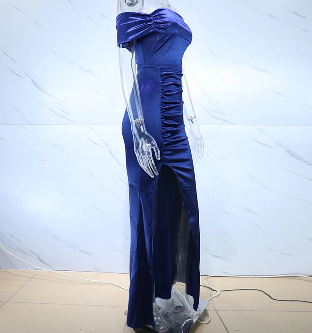 Satin Off Shoulder Split Long Dresses