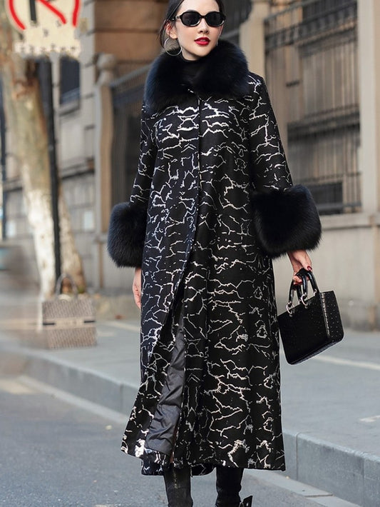 Genuine Leather Down Coat Gold Print Real Fur Collar & Cuffs