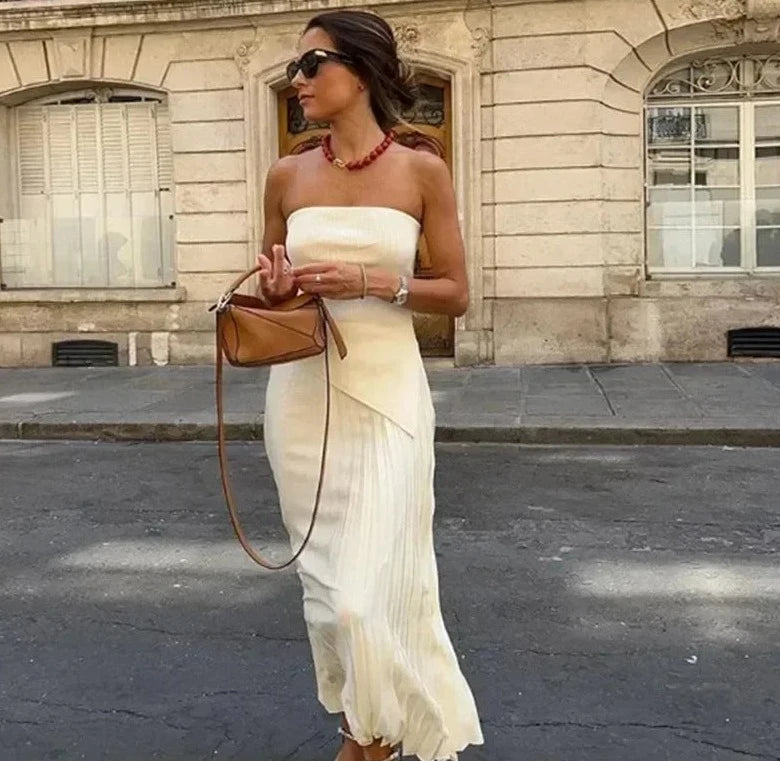 Strapless Pleated Top & High Waist Skirts Sets