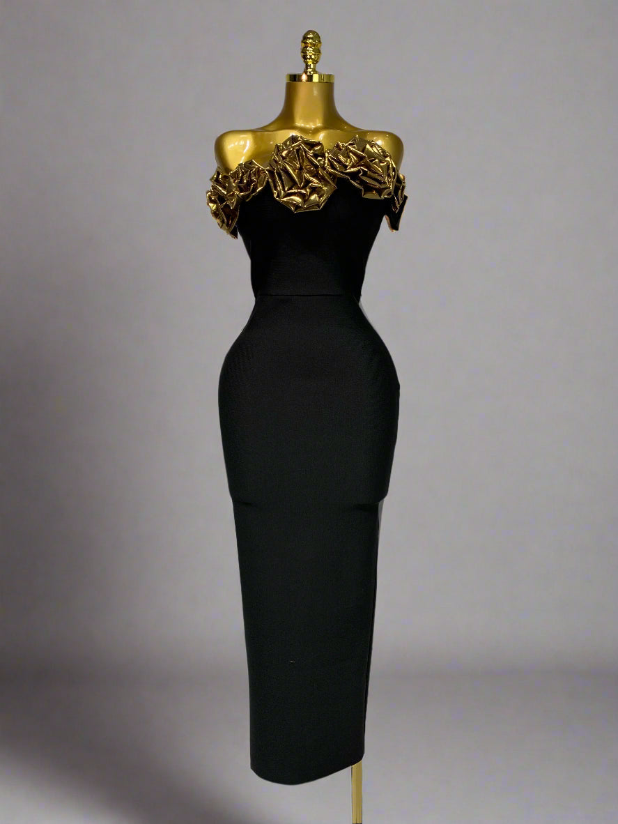 Gold 3D Flowers Sleeveless Long Dresses