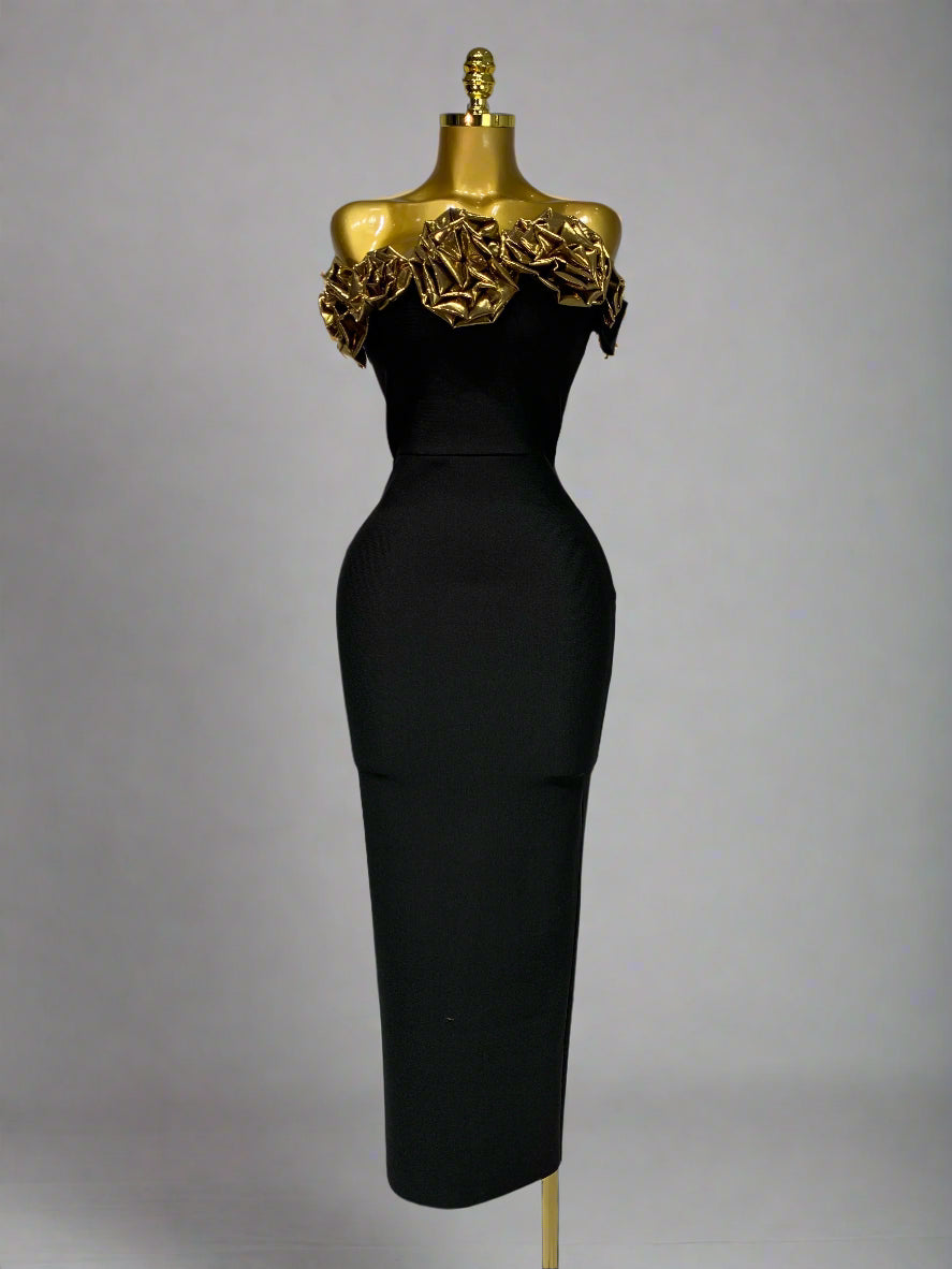 Gold 3D Flowers Sleeveless Long Dresses