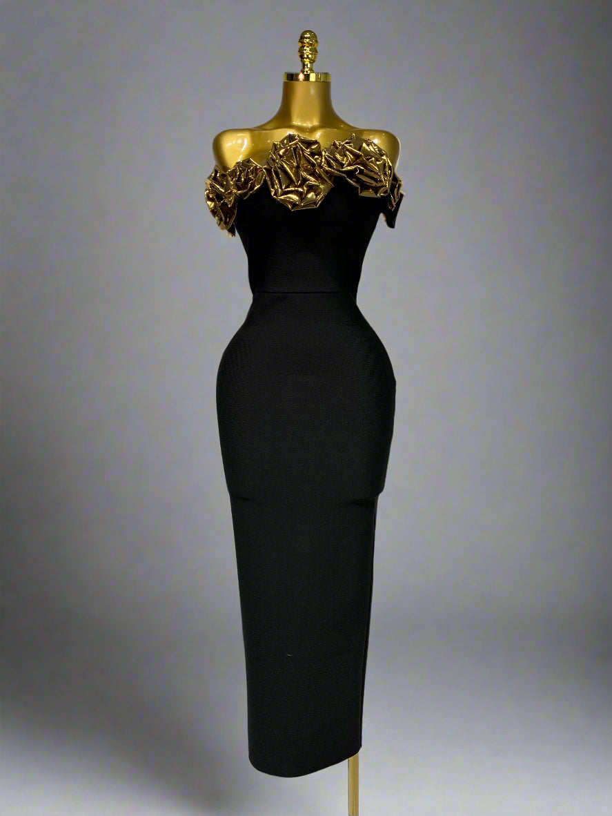 Gold 3D Flowers Sleeveless Long Dresses