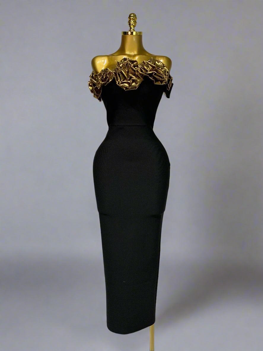 Gold 3D Flowers Sleeveless Long Dresses