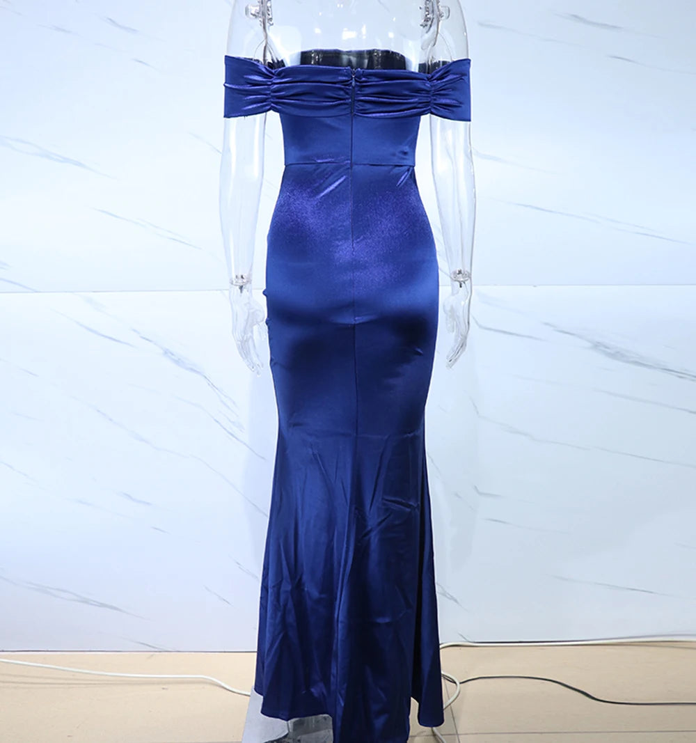Satin Off Shoulder Split Long Dresses