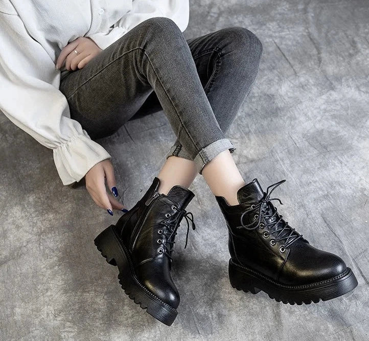 Black Platform Genuine Leather Ankle Boots