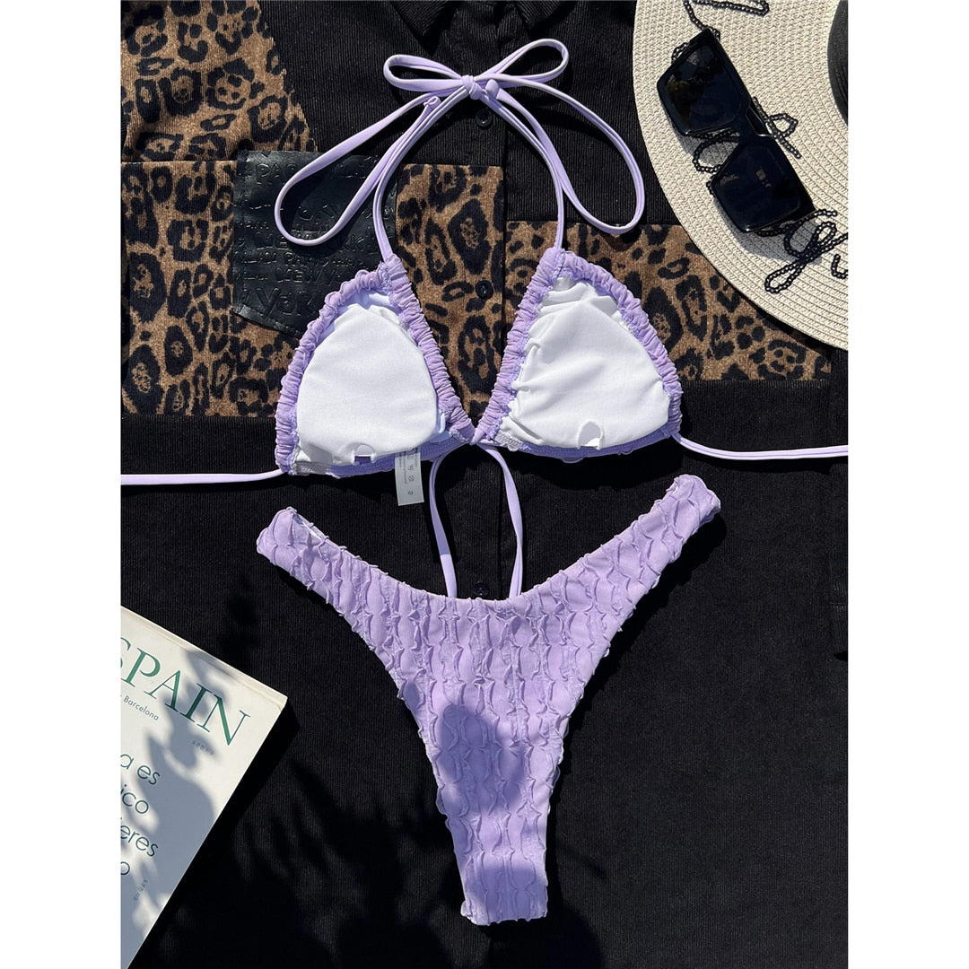 Wrinkled Wrap Halter Brazilian Bikini Set