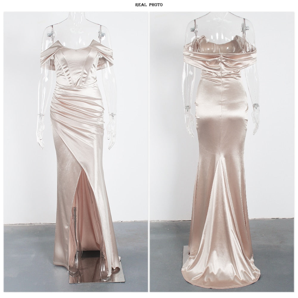 Satin Off The Shoulder Pleated Mid Split Dresses