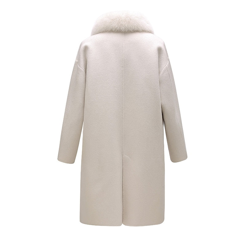 Real Wool Detachable Big Real Fox Fur Collar Long Coats