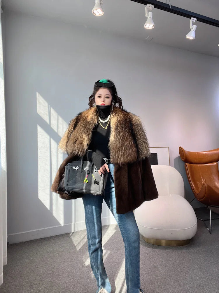 Luxury Real Mink Fur Coat Huge Fox Fur Collar