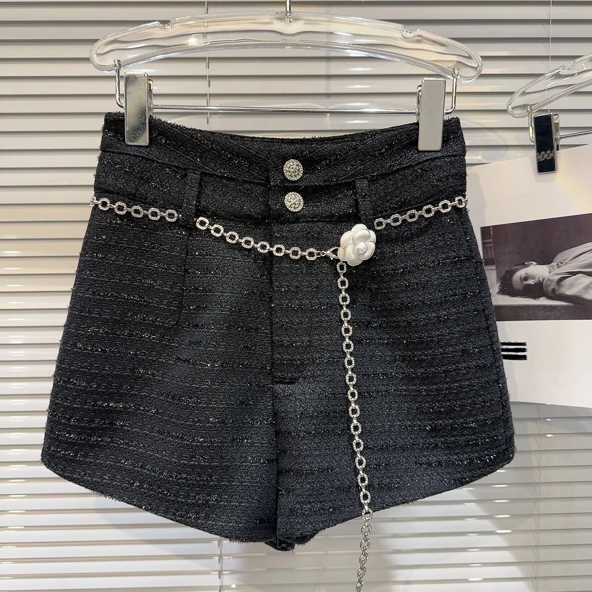 Pearl Flower Double Buttons Waist Chain Tweed Shorts