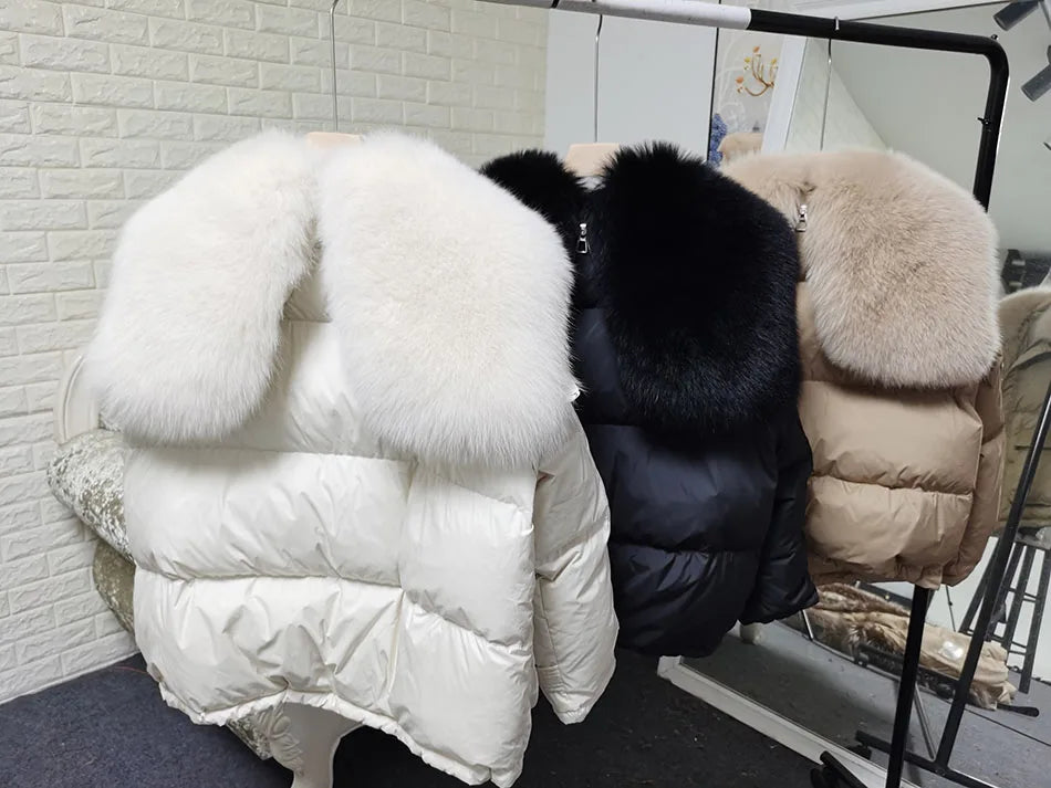 Losse Duck Down Real Fox Fur Collar Parka Puffer Coats