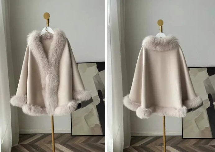 Cashmere Double-Faced Real Fur Wool Poncho Capes